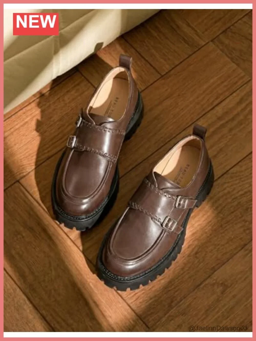 Genuine Leather Platform Monk Strap Loafers Woven Women's Shoes